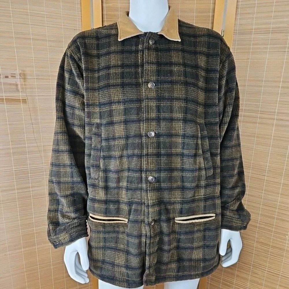 Orvis Fleece Teddy Jacket Mens XL Brown Black Plaid Faux Suede Utility Vintage - Picture 1 of 13